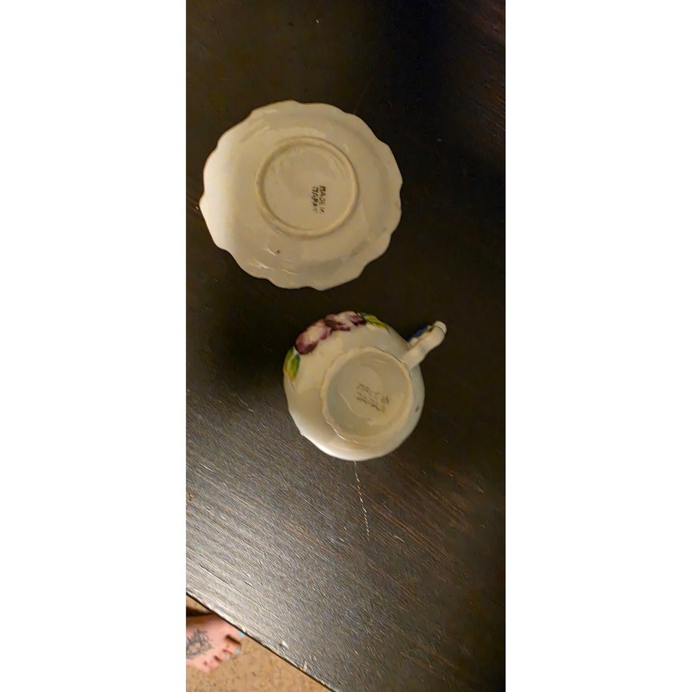 Vintage Made in Japan Miniature Tea Cup and Saucer Set Purple Floral Gold Trim